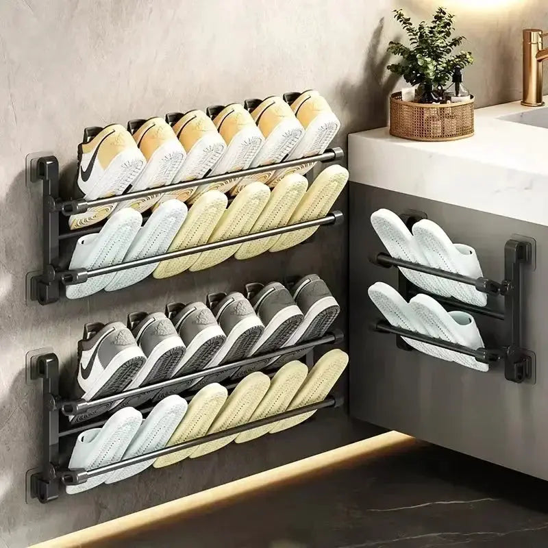 Bathroom Seamless Slip Simple Shoe Rack Wall-mounted bathroom Multifunctional storage rack Folding storage rack from PriceLows™