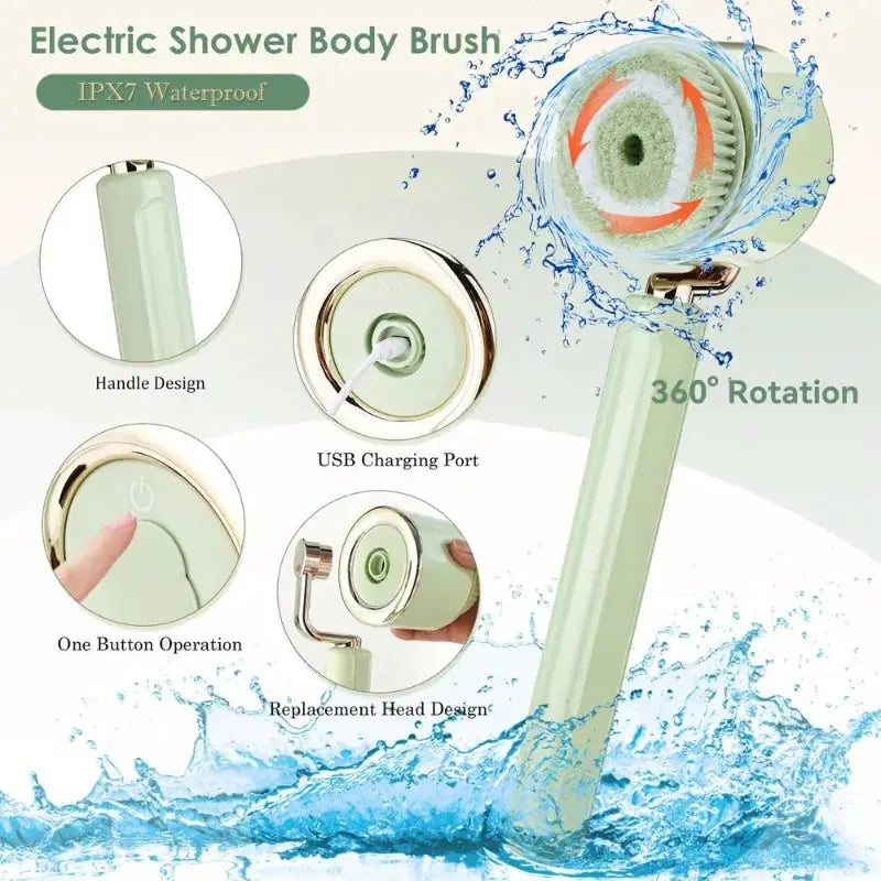 Electric Bath Back Scrubber | Long Handle | IPX7 Waterproof | 5 Brush Heads