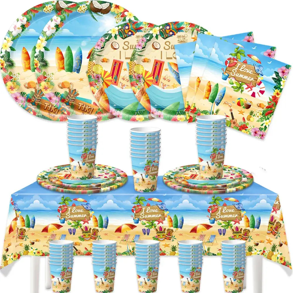 Summer Beach Party Tableware Set | Paper Plates Cups Napkins With Tablecloth