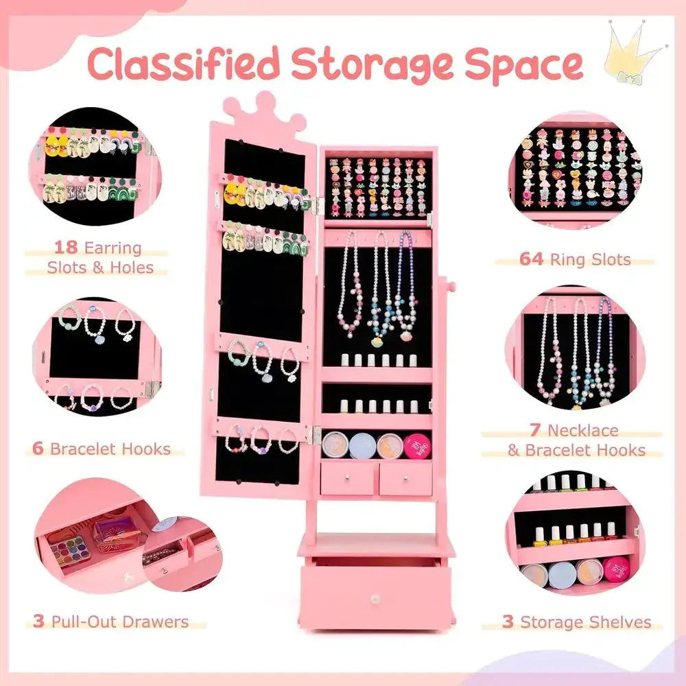 Children's Jewelry Armoire with Full-Length Mirror, 64 Ring Holders, Standing Storage Organizer for Girls, Pink from PriceLows™