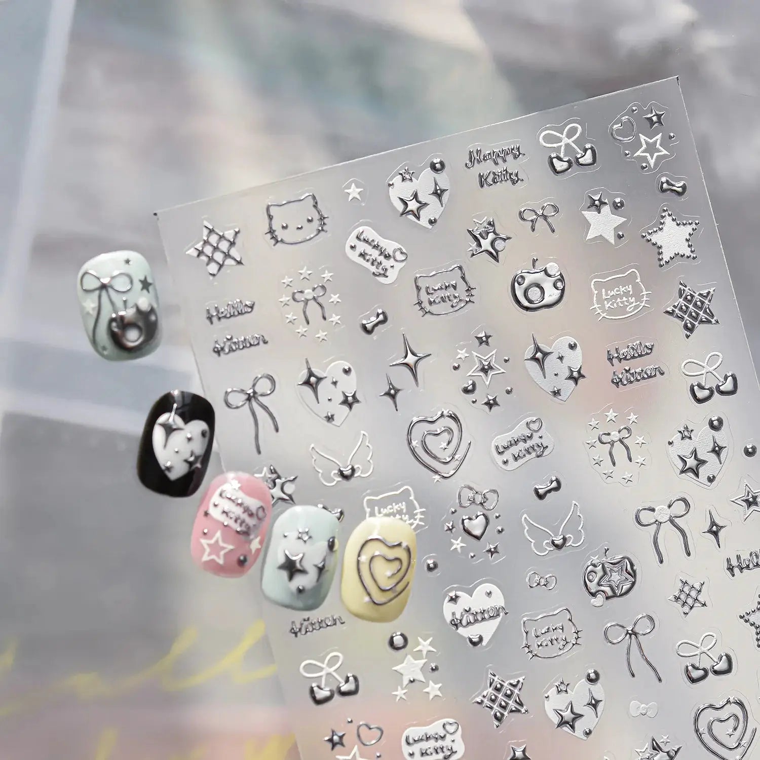 1pc 5D Metallic Silver Nail Stickers Stars Bow Love Heart Back Adhesive Nail Art Sticker DIY Cute Nails Decorations Decals Parts from PriceLows™