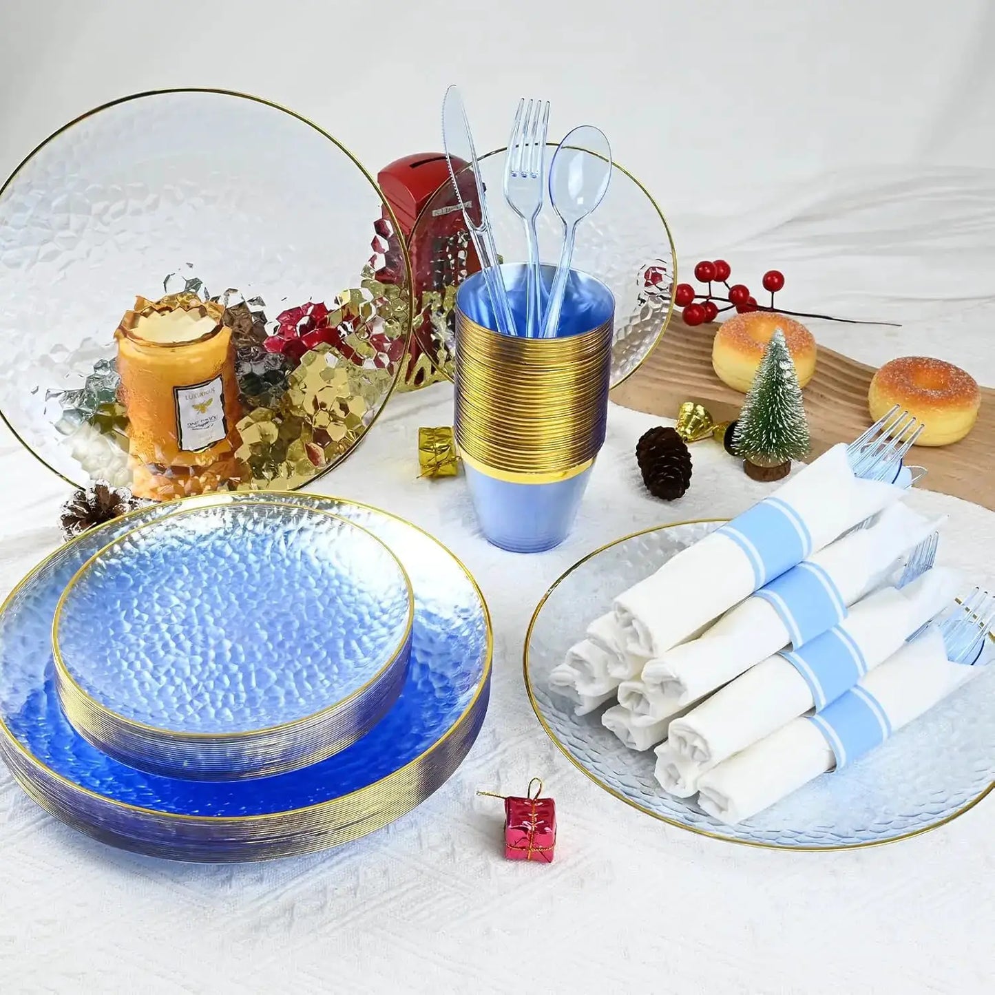 175PCS Gold and Blue Plastic Dinnerware Set – Clear Blue Disposable Plate with Gold Rim Include Dinner Plates, Dessert Plate from PriceLows™