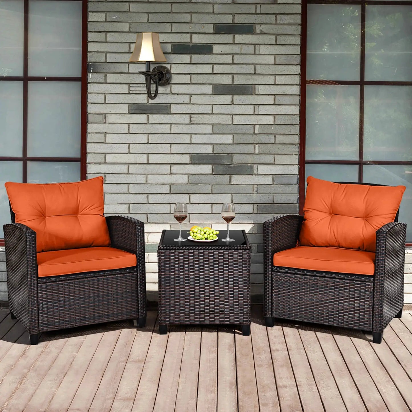 3 PCS Patio Rattan Furniture Set Cushioned Conversation Set Sofa Orange from PriceLows™