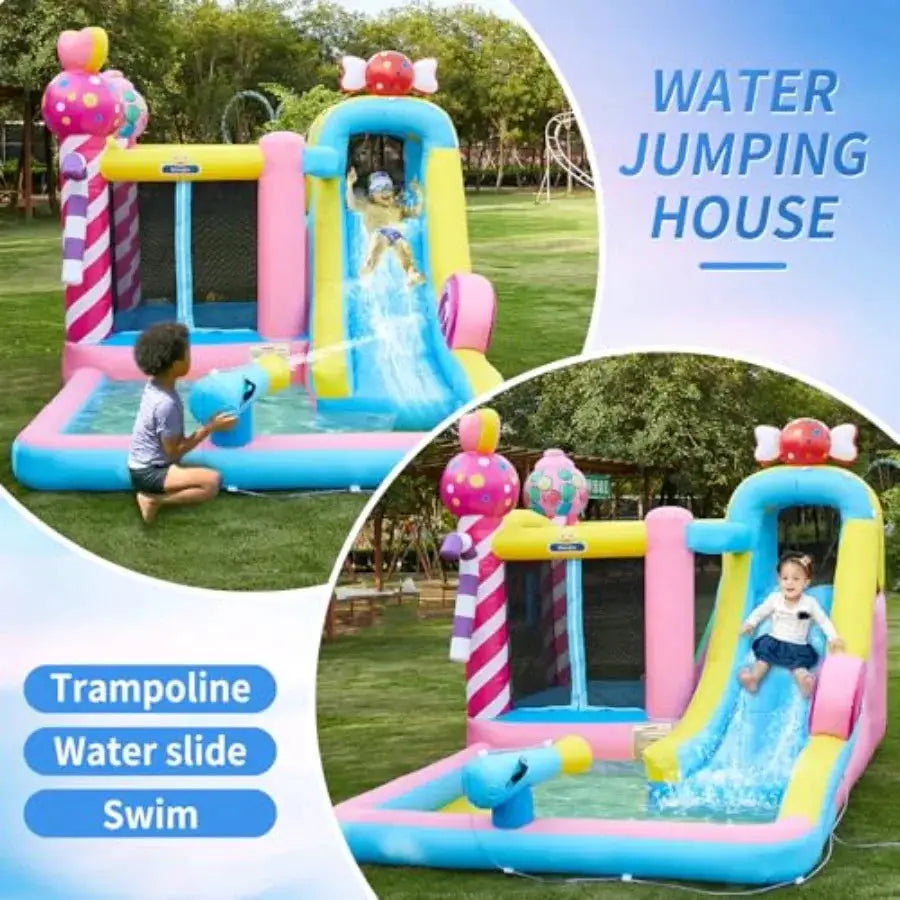 Inflatable Bounce House with Blower Water Slide Bouncy Castle Jumping Playhouse Sprinker Water Cannon Climbing Wall Splash Pool from PriceLows™