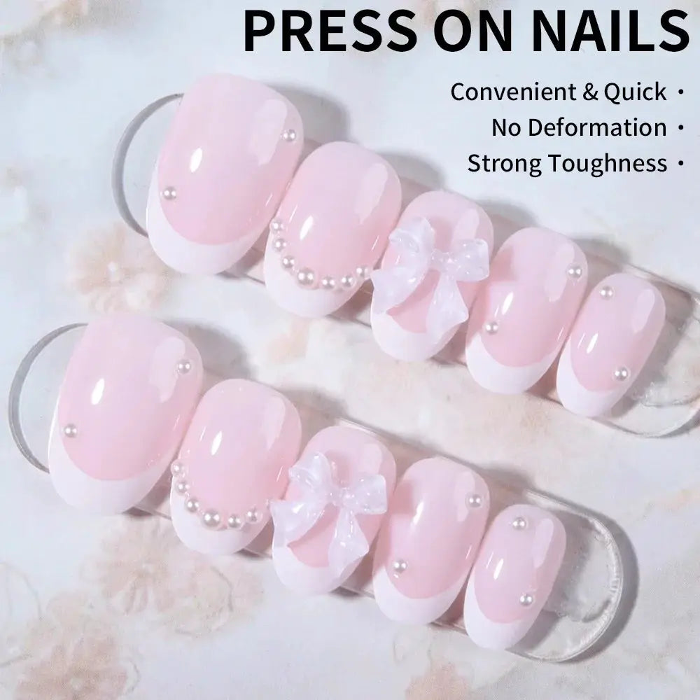 Press On Nails | Short Oval French Tip | 24 Pcs Self Adhesive | Pearl Bow