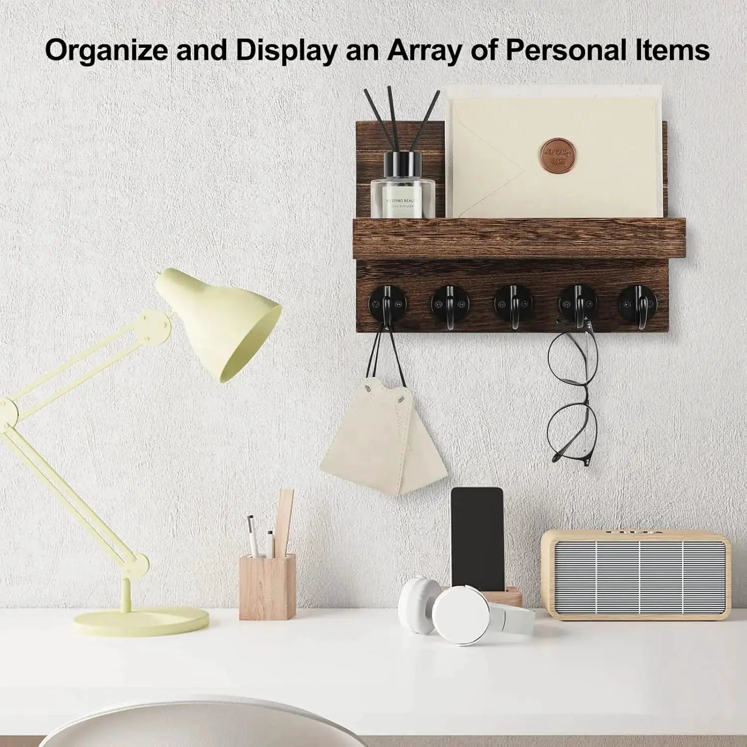 Lwenki Key Holder for Wall, Decorative Key and Mail Holder with Shelf Has Large Key Hooks for Bags, Coats – Paulownia Wood Key Hanger with Mounting Hardware (9.8”W x 6.7”H x 4.2”D) (Brown) from PriceLows™