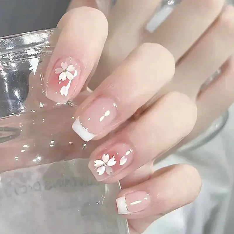 Short Almond Press On Nails | Pink Floral French | Reusable Full Cover | 24 Pcs