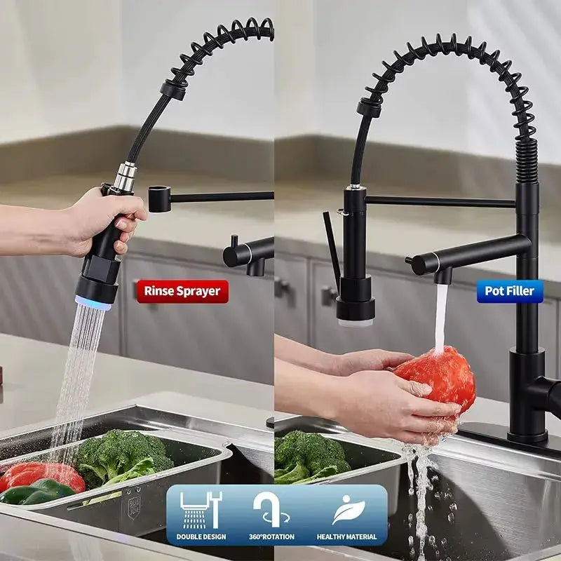 Kitchen Faucet Sprayer | Dual Spouts | Led Light | Black Brushed Chrome