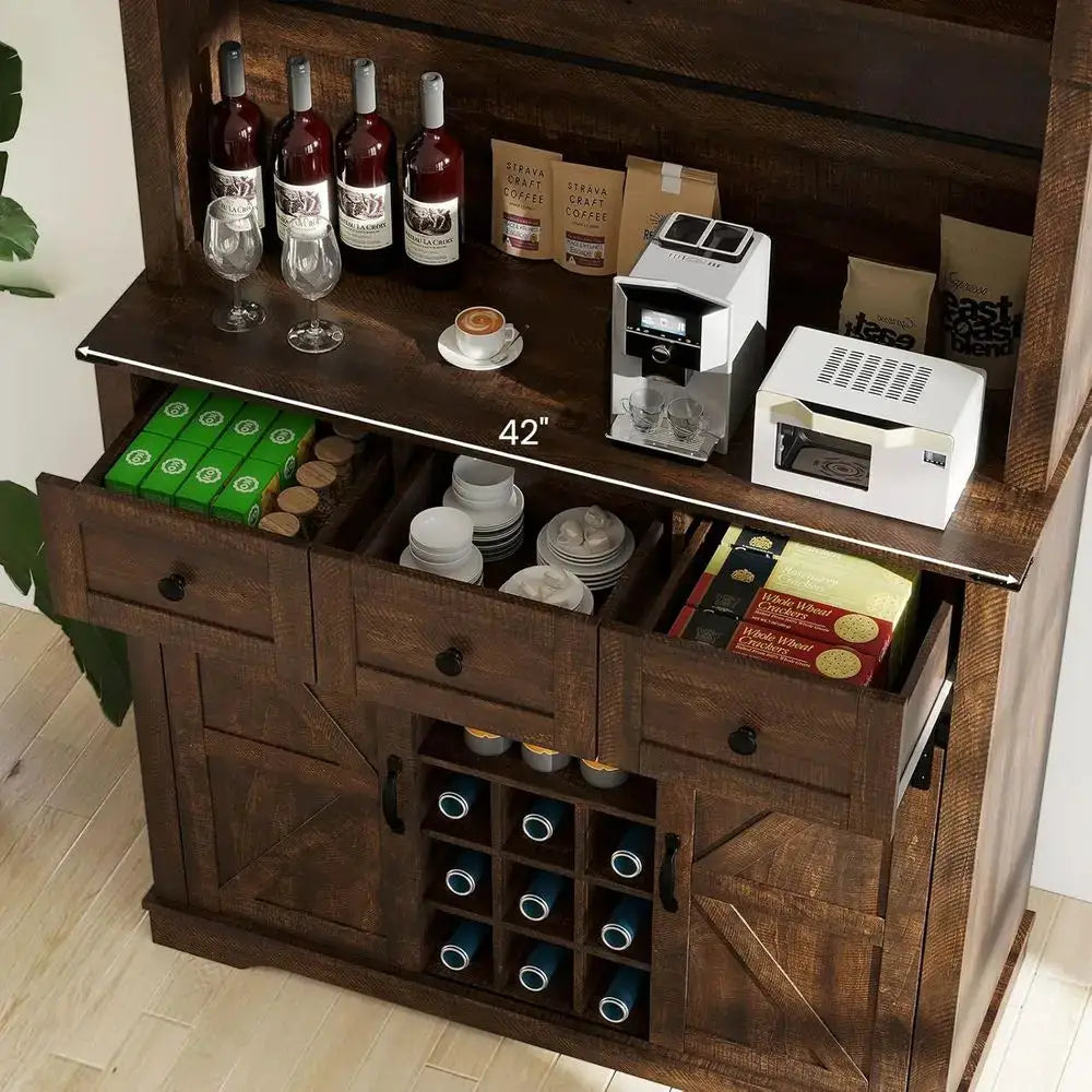 72 Coffee Bar Cabinet with Glass Doors & Wine Racks, Tall Pantry with Drawers and Sliding Barn Doors, Brown from PriceLows™