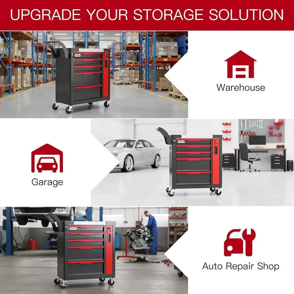 5 Drawer Rolling Tool Chest with Side Cabinet, Lockable, Garage Storage, Safety Rounded Edges, Red from PriceLows™