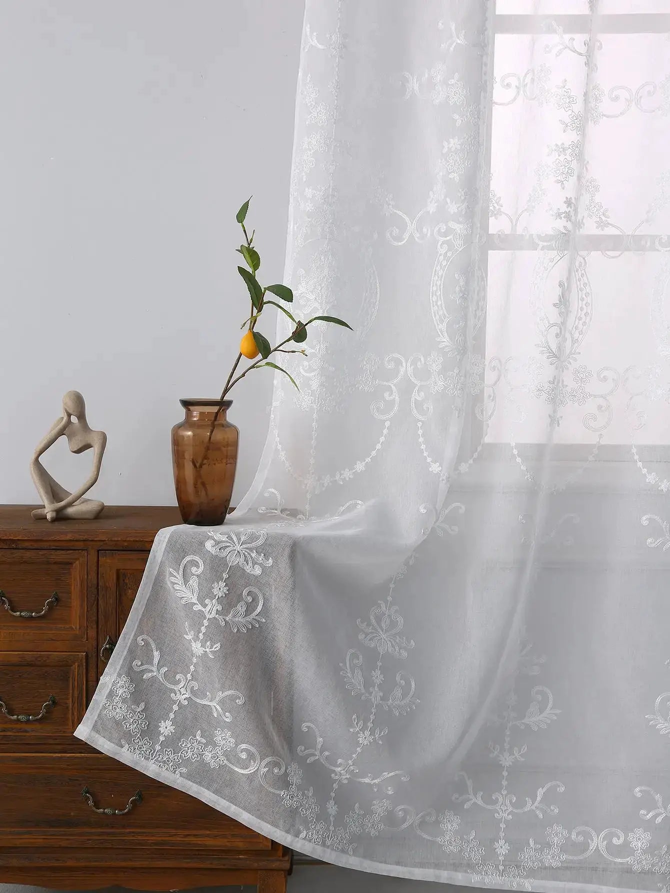 Sheer Curtains White Embroidered Floral Voile Drapes for Living room, Bedroom from PriceLows™