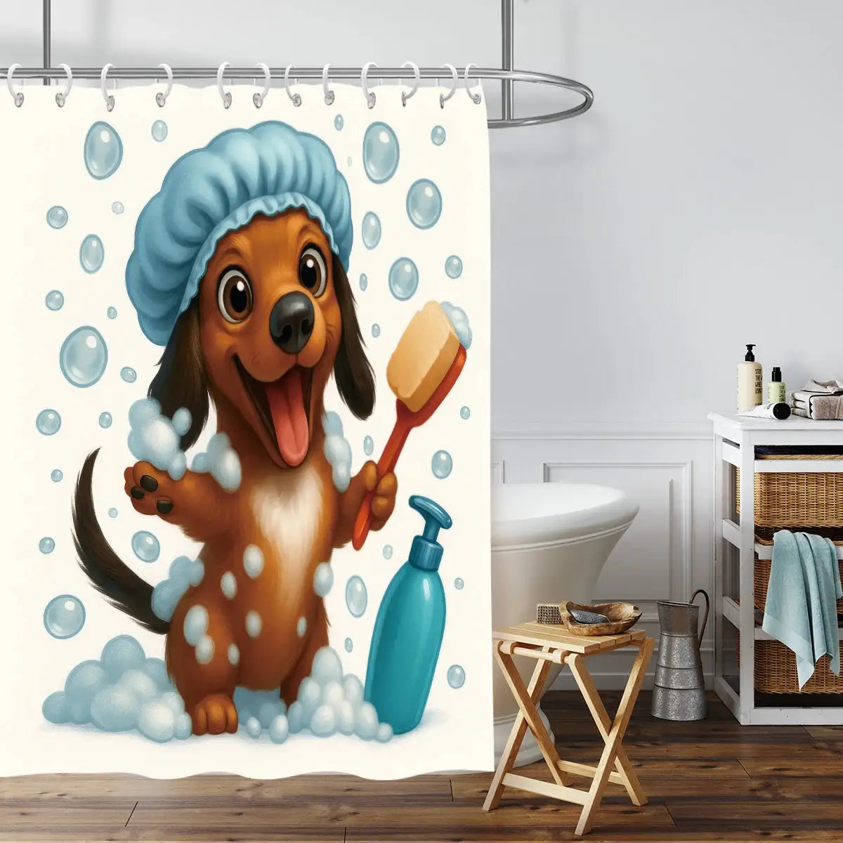 1pc Cute Bathing Sausage Dog Printe Shower Partition Privacy Hanging Curtain with 12 Hooks Multiple Sizes Easy Installation from PriceLows™