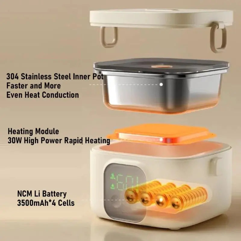 Electric Lunch Box 500ML 304 Stainless Steel Fast Heating Insulated Portable Food Container USB Rechargeable Warmer For Home&Car from PriceLows™