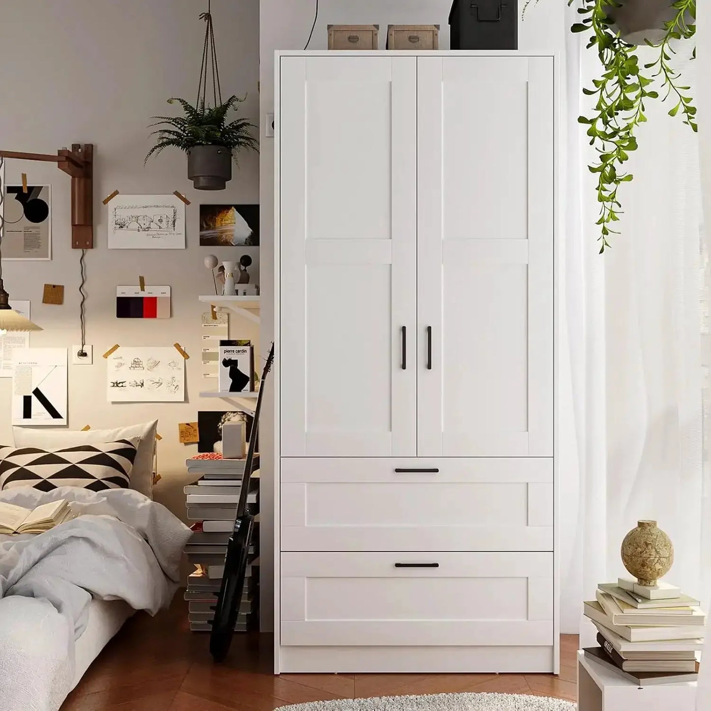 White Wood Wardrobe Closet with 2 Doors and 2 Drawers, Freestanding Armoire Storage with Shelves for Hanging Clothes from PriceLows™