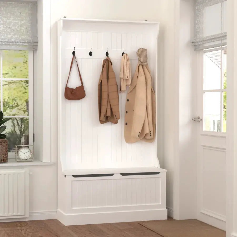 Entryway Bench with Standing Coat Rack Hall Tree with Shoe Storage Bench Entryway Organizer with 5 Hooks White from PriceLows™