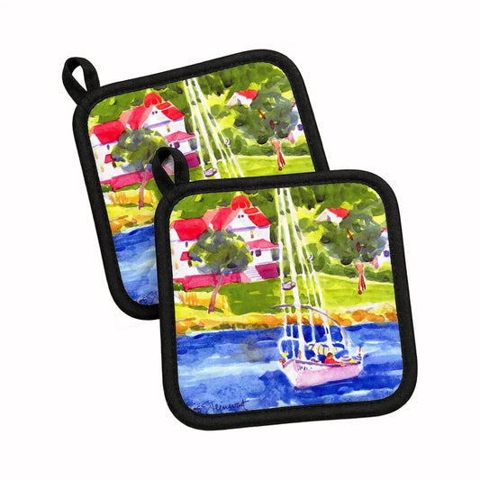 Pot Holder Set of 2 | Heat Resistant Quilted Hot Pads | 7.5 x 7.5 Inch | Sailboat on the lake