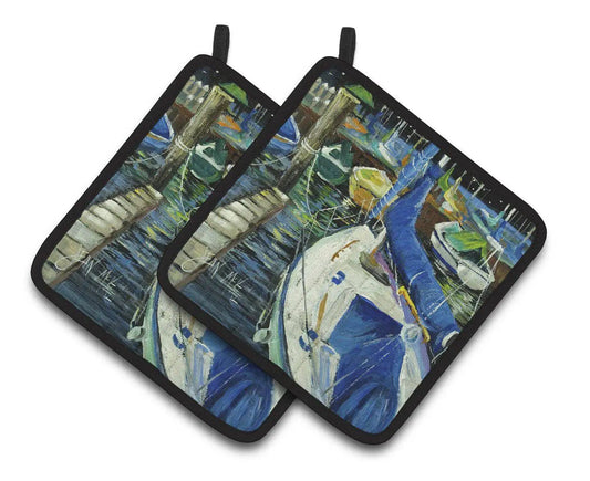 Pot Holder Set of 2 | Heat Resistant Quilted Hot Pads | 7.5 x 7.5 Inch | Sailboats
