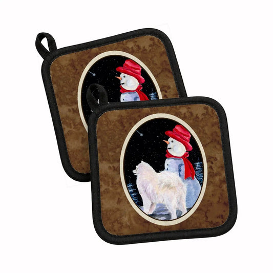 Pot Holder Set of 2 | Heat Resistant Quilted Hot Pads | 7.5 x 7.5 Inch | Samoyed (Style 2)