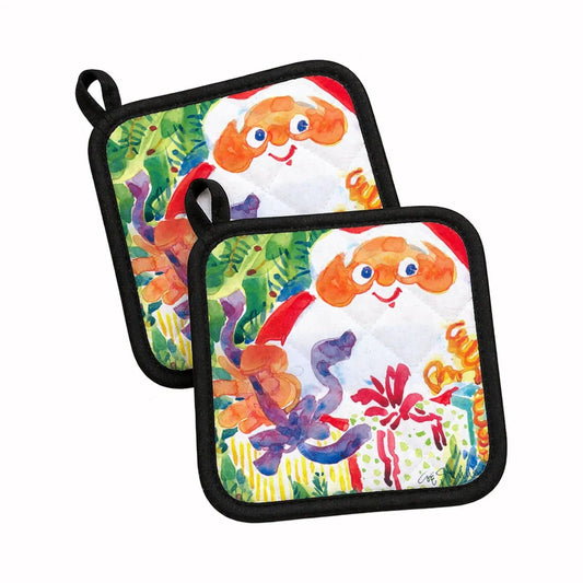 Pot Holder Set of 2 | Heat Resistant Quilted Hot Pads | 7.5 x 7.5 Inch | Santa Claus Christmas Surprise