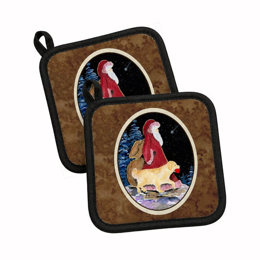 Pot Holder Set of 2 | Heat Resistant Quilted Hot Pads | 7.5 x 7.5 Inch | Santa Claus with Golden Retriever