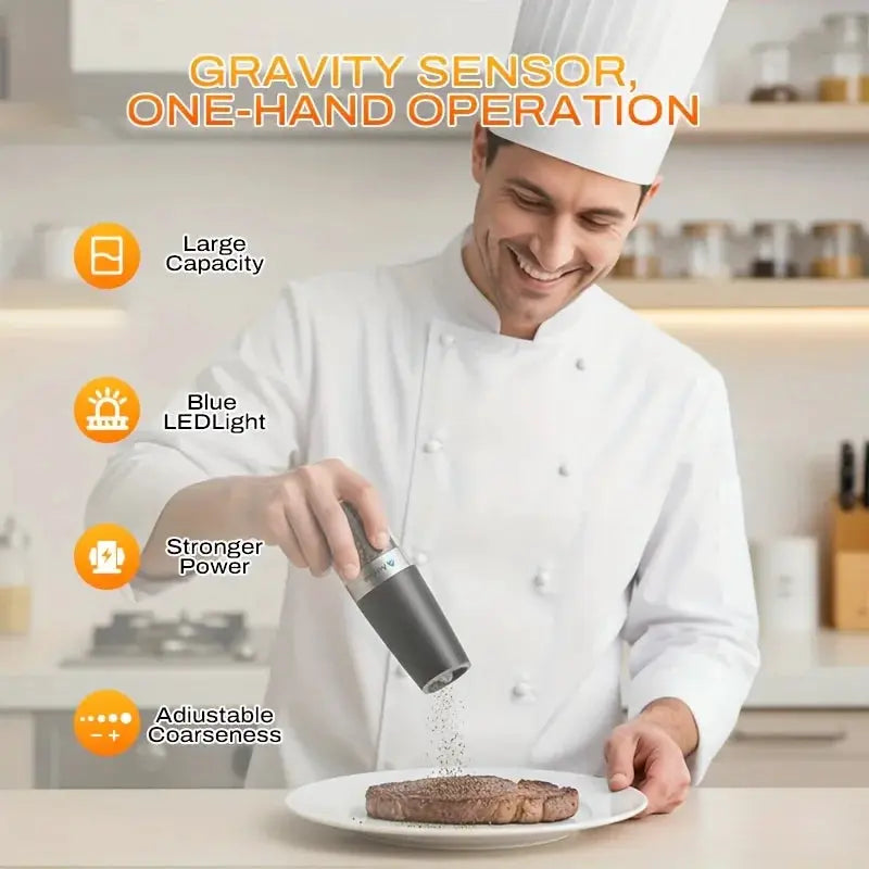 Electric Salt And Pepper Grinder Set | Gravity Sensing | LED | Black 2 Piece