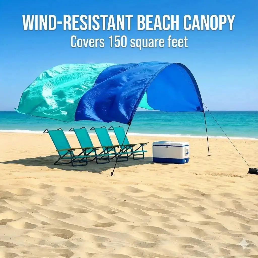 Wind-Resistant Beach Shade Tent 150 sq ft oversized canopy with sand anchors 4 lb ultralightweight UPF 50+ sun protection tent from PriceLows™