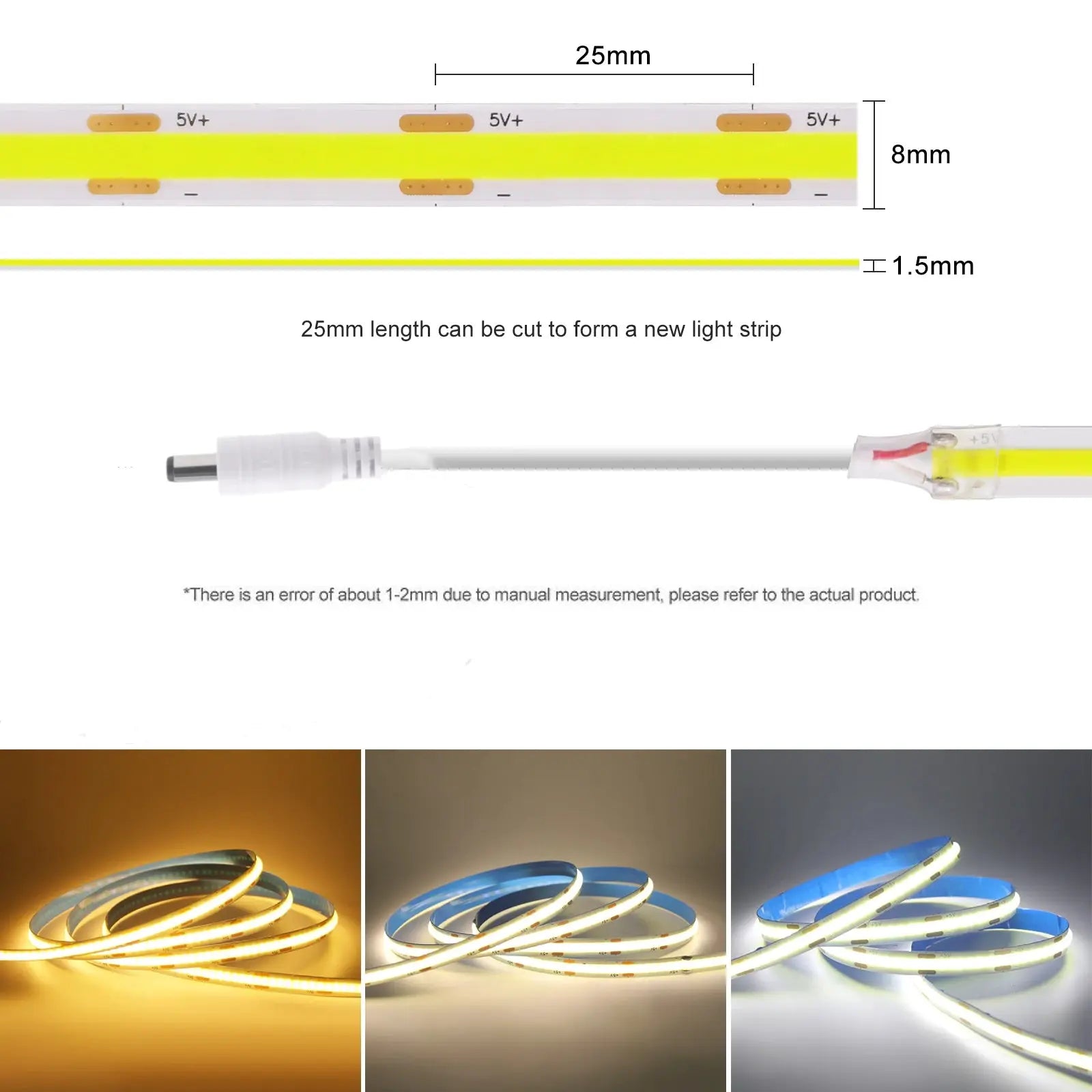 8MM COB LED Strip Light 5V 320LEDs/M Motion Sensor Dimmable Flexible LED Tape Ribbon USB/Battery Powered DIY Backlight for Room from PriceLows™