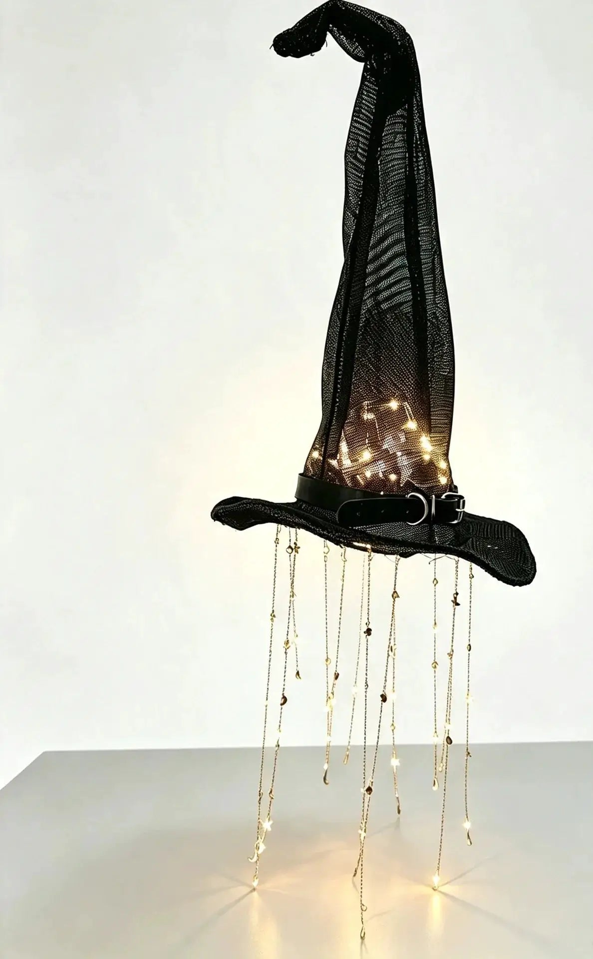 Lighted Witch Hat Hanging Chime | Halloween Outdoor Decor | Mesh Star Cascade