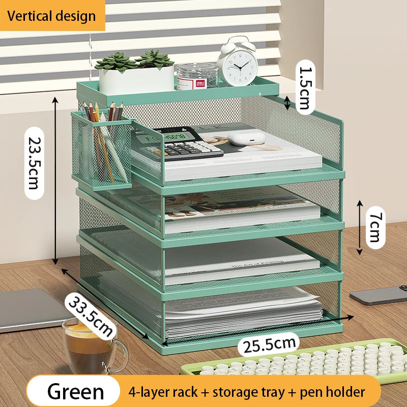 Stackable Letter Tray | 4-Tier | Green Metal | Pen Holder Included