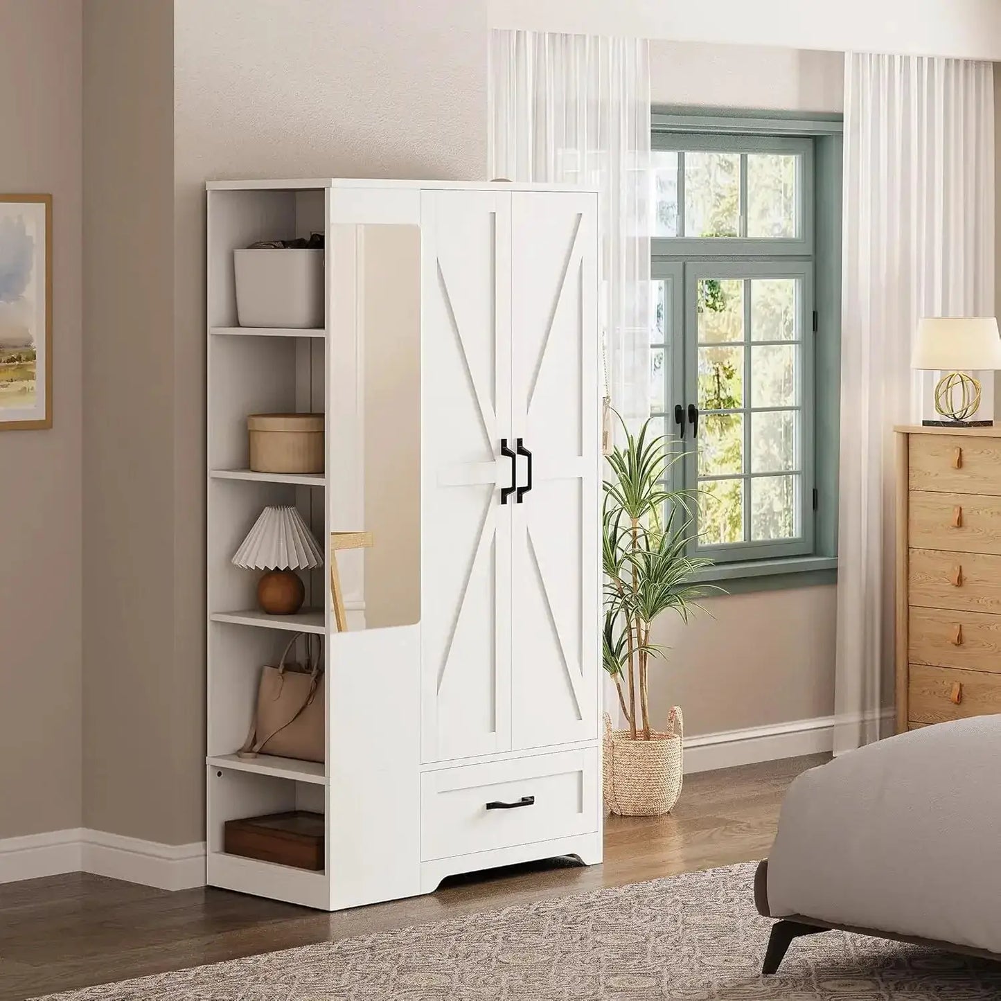 70" Tall Wardrobe Closet with Mirror, Side Shelves & Drawer, Freestanding Armoire with Hanging Rod, Barn Door Storage Cabinet, White from PriceLows™