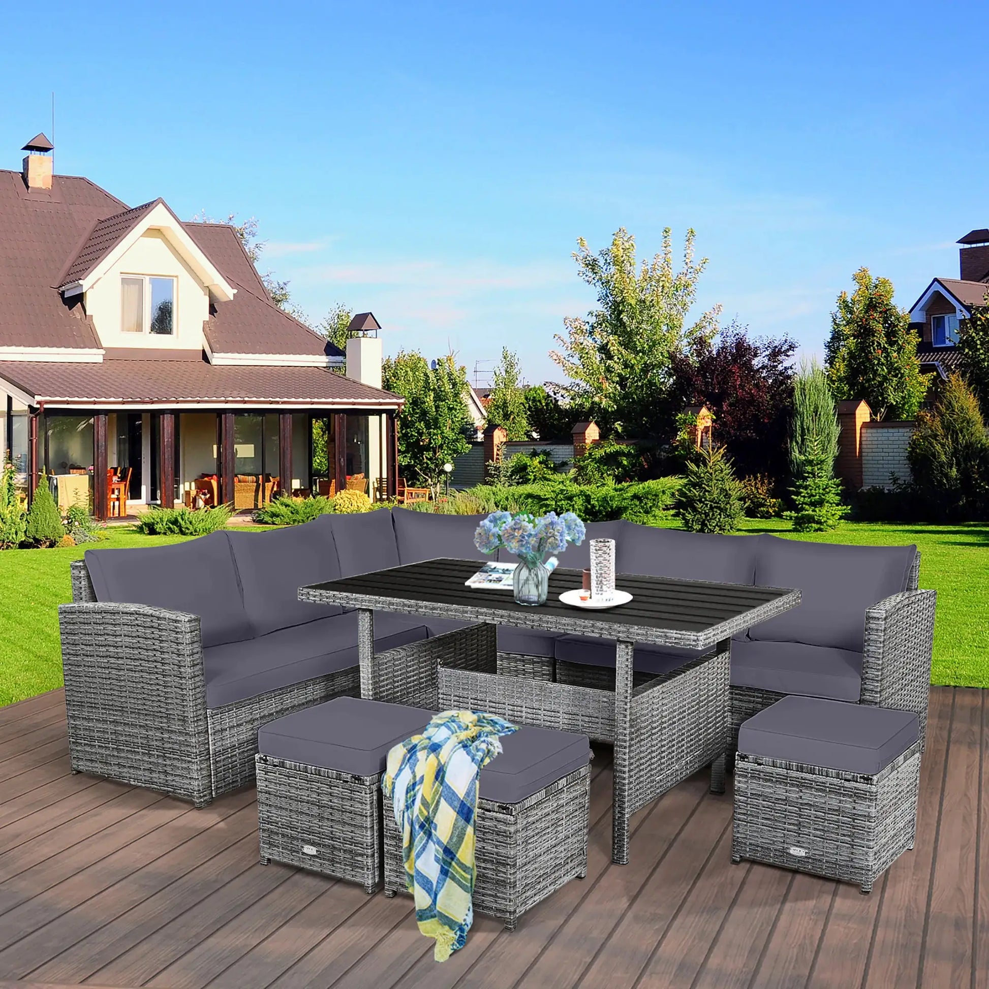 7 PCS Patio Rattan Dining Set Sectional Sofa Couch Ottoman Garden Grey from PriceLows™