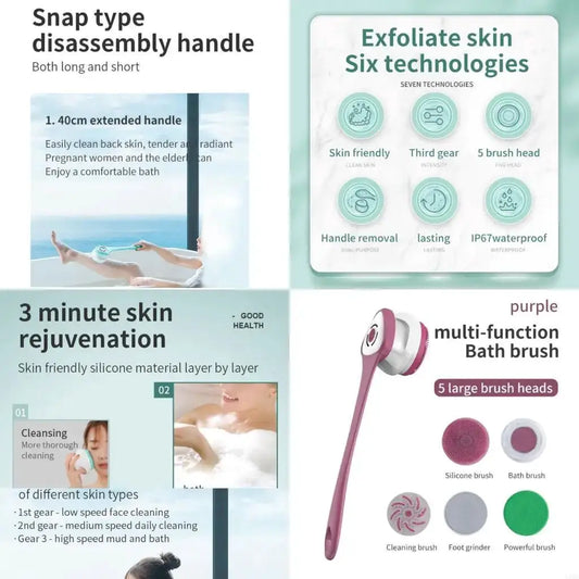 Electric Bath Brush | Five Brush Heads | Rechargeable Long Handle | 100-240V