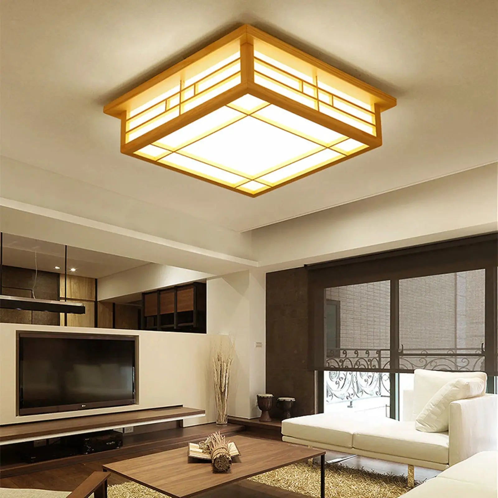 Japan Style Ceiling Lamp Solid Wood Wooden LED Light Flush Mount Ceiling Light with Remote Control For Bedroom Living Room from PriceLows™