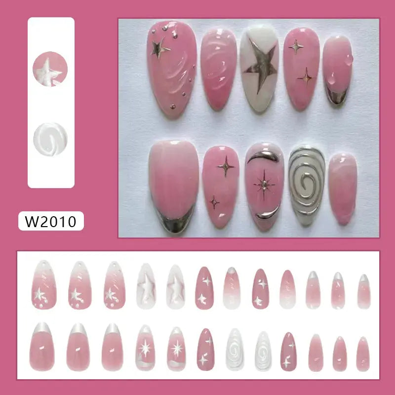 Press On Nails | 24pcs Summer Green Almond | Y2K Star Print | Reusable