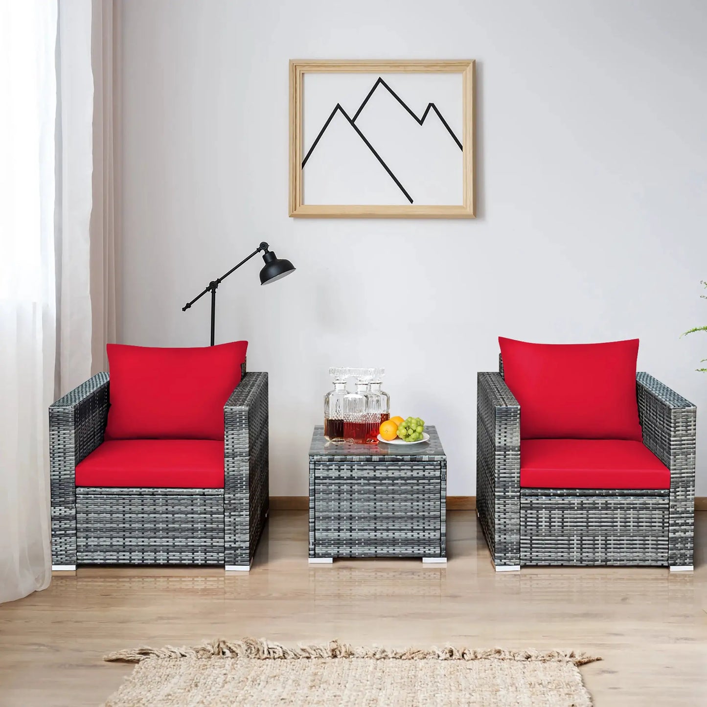 3 PC Patio Rattan Furniture Bistro Set Cushioned Sofa Chair Table Red from PriceLows™