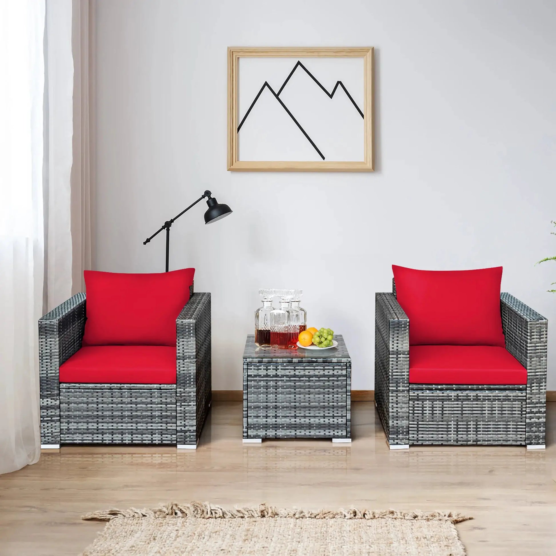 3 PC Patio Rattan Furniture Bistro Set Cushioned Sofa Chair Table Red from PriceLows™