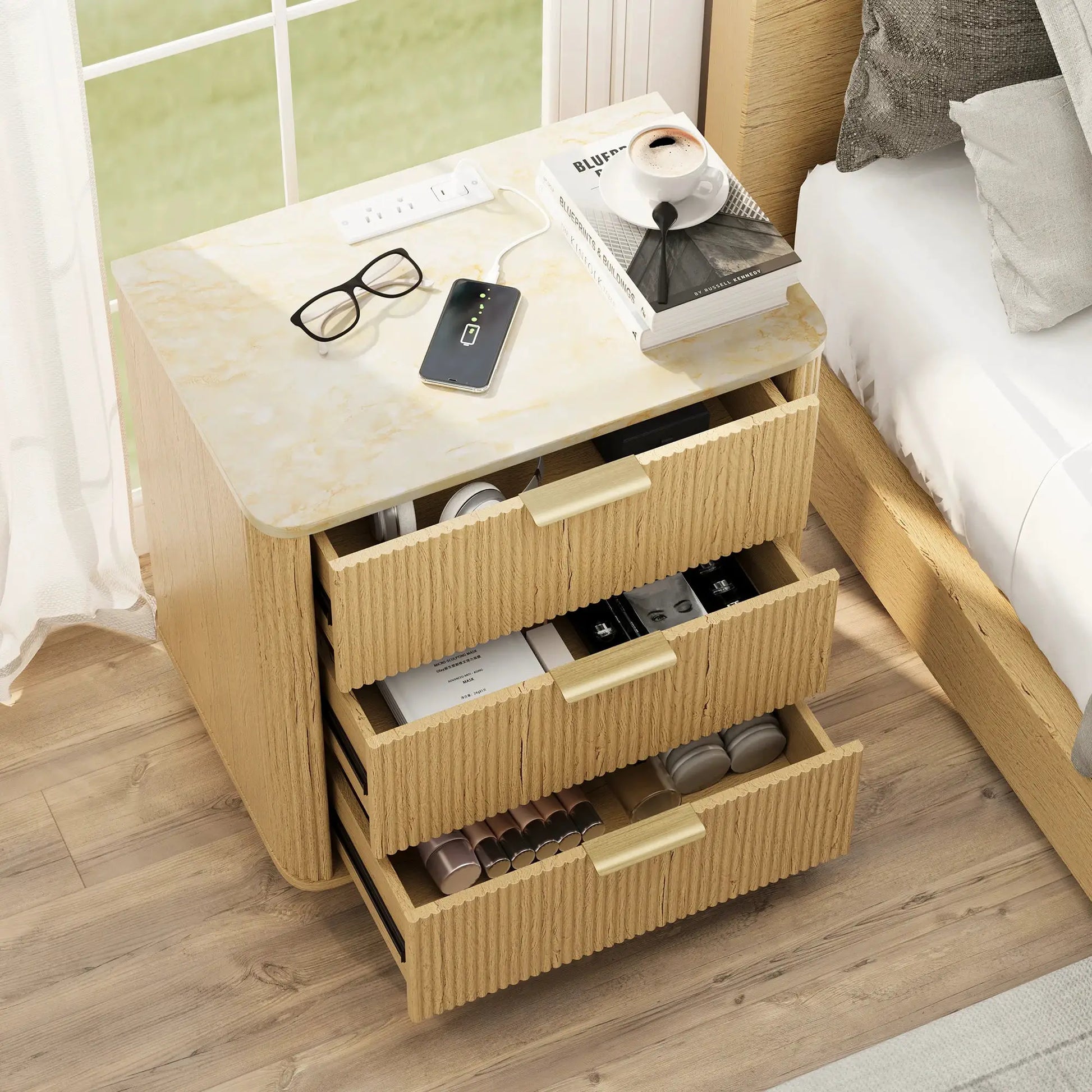 23" Wide Fluted Night Stand with Charging Station,3 Drawers Large End Table with Storage,Black Nightstand Wood Bedside Table, Farmhouse Cabinet Dresser for Bedroom,Closet from PriceLows™