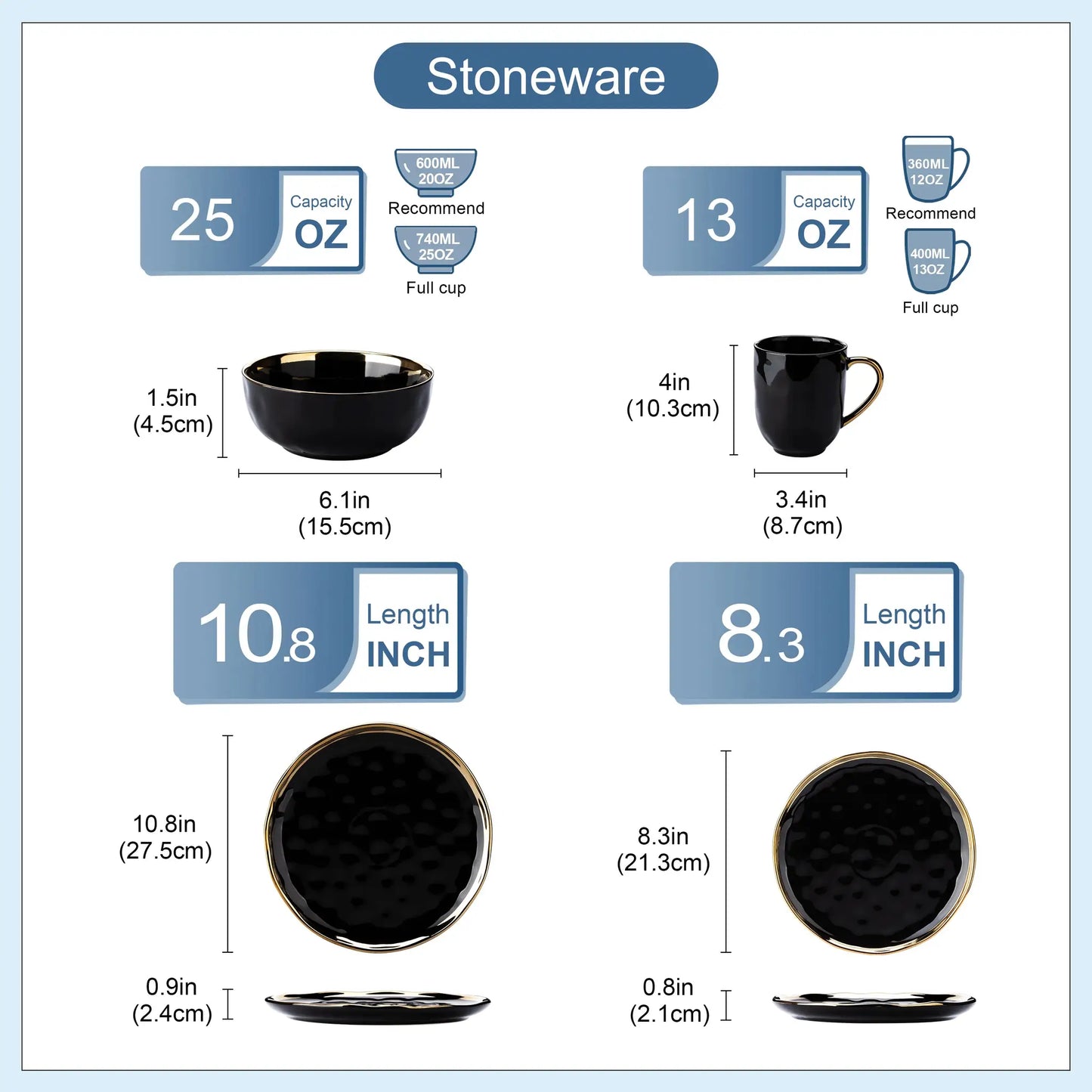 LOVECASA 16/32 Piece Black Porcelain Dinnerware Set with Gold Trim Dessert Plate,Dinner Plate,Cup,Bowl Tableware Set from PriceLows™