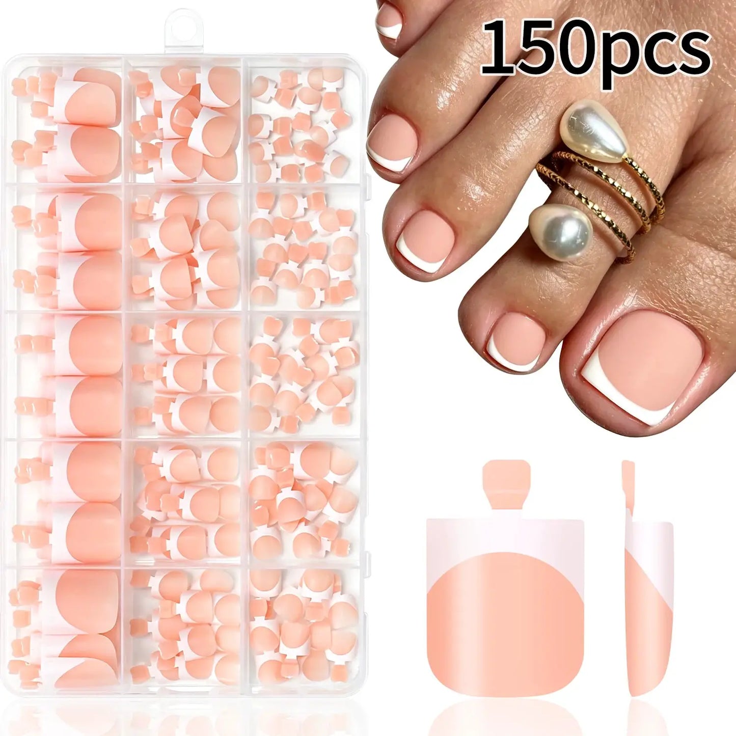 Press On Toenails | Short Square Shape | French White Tips | 150 Pcs Set