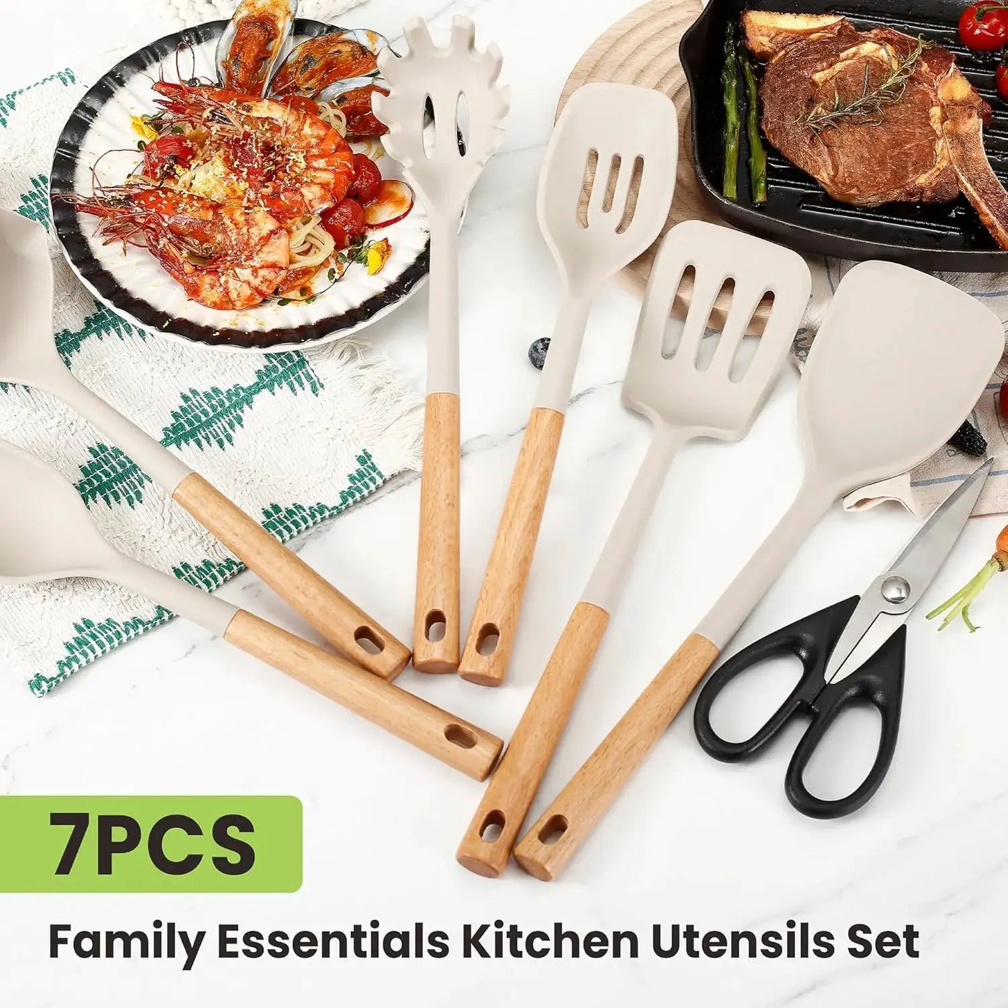 7-Piece Silicone Kitchen Utensil Set Non-Stick Cooking Tools with Heat Resistant Beechwood Handle for Baking & Cooking Spatula from PriceLows™