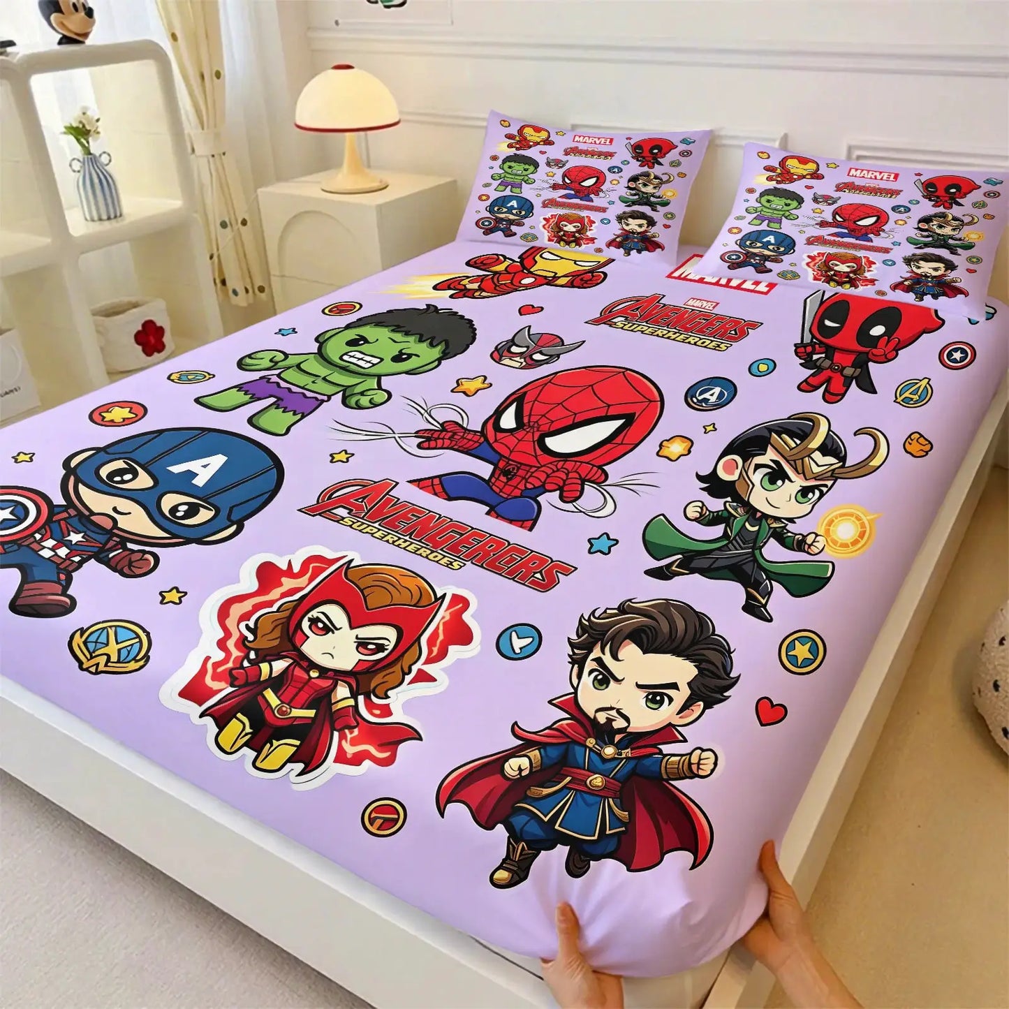 Marvel & DC Cartoon Fitted Sheet Set Chibi Superhero Bed Linen with Pillowcases Deep Pocket Gaming Room Fan Room Kids Room Decor from PriceLows™