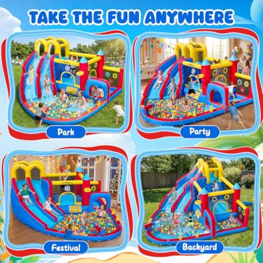 Outdoor and indoor inflatable bounce house with double water slide 620 W blower 12-in-1 waterslide park large pool climbing wal from PriceLows™