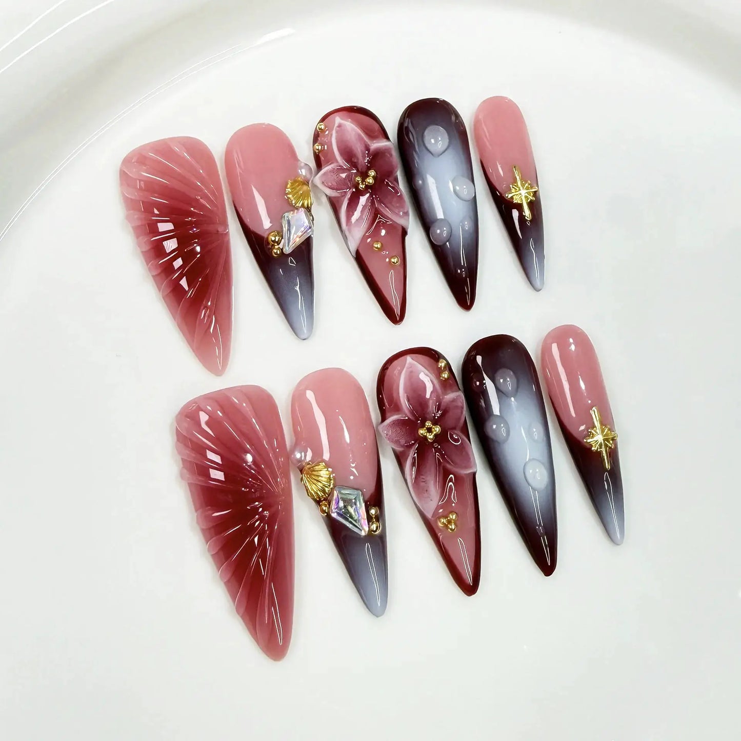 Acrylic Nails | Long Stiletto | Floral Rhinestone Design | 10 Pieces