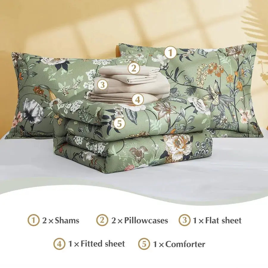 King Size Comforter Set 7 Pieces Green Floral Bedding Sets, King Bed in a Bag with Botanical Butterfly Comforter, Sheets, Pillow from PriceLows™