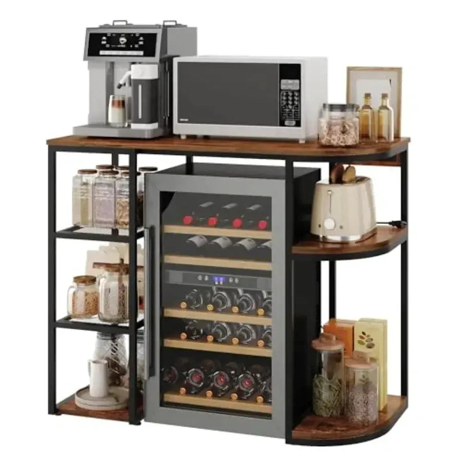 Dorm kitchen office coffee bar cabinet with mini fridge space, wood finish, black, 6-tier wine rack and built-in power outlet from PriceLows™