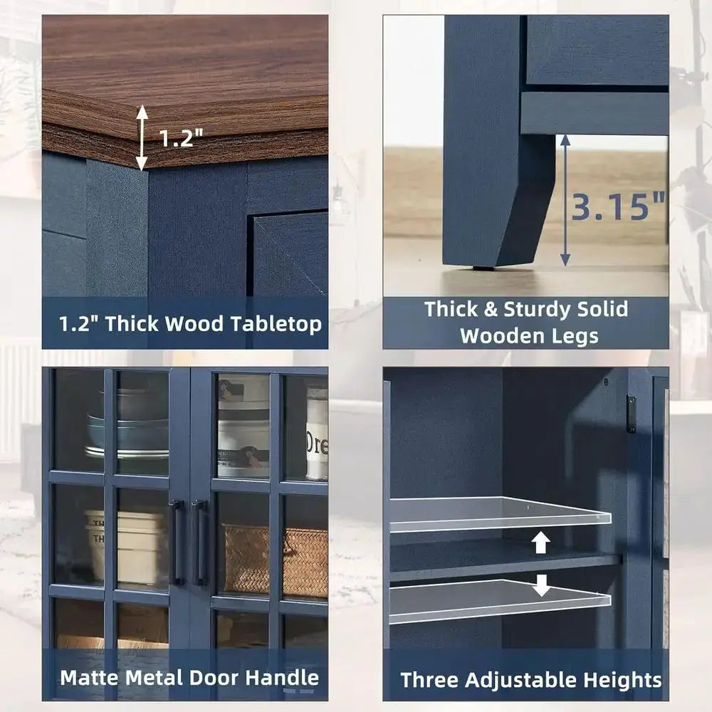 32 Navy Blue Kitchen Coffee & Wine Bar Cabinet with Storage and 2 Glass Doors from PriceLows™