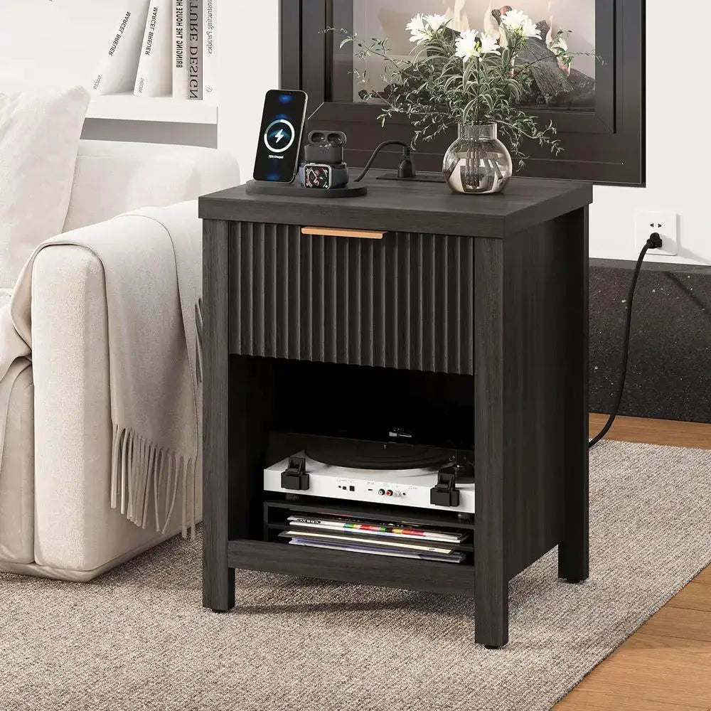 2-Piece Grey Charging Station Nightstands with Storage for Bedroom from PriceLows™