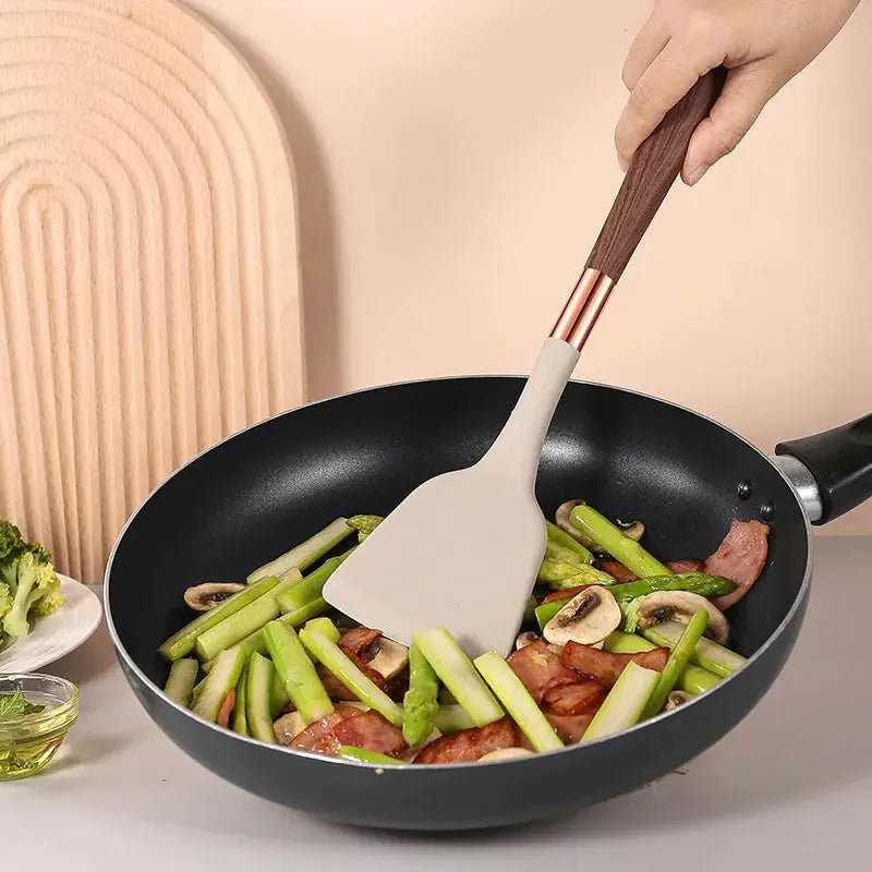 Silicone Wood Grain Kitchenware 11-piece Set Non-stick Pan, Spoon Set, Anti-scalding Wood Grain Handle Cooking Utensils from PriceLows™