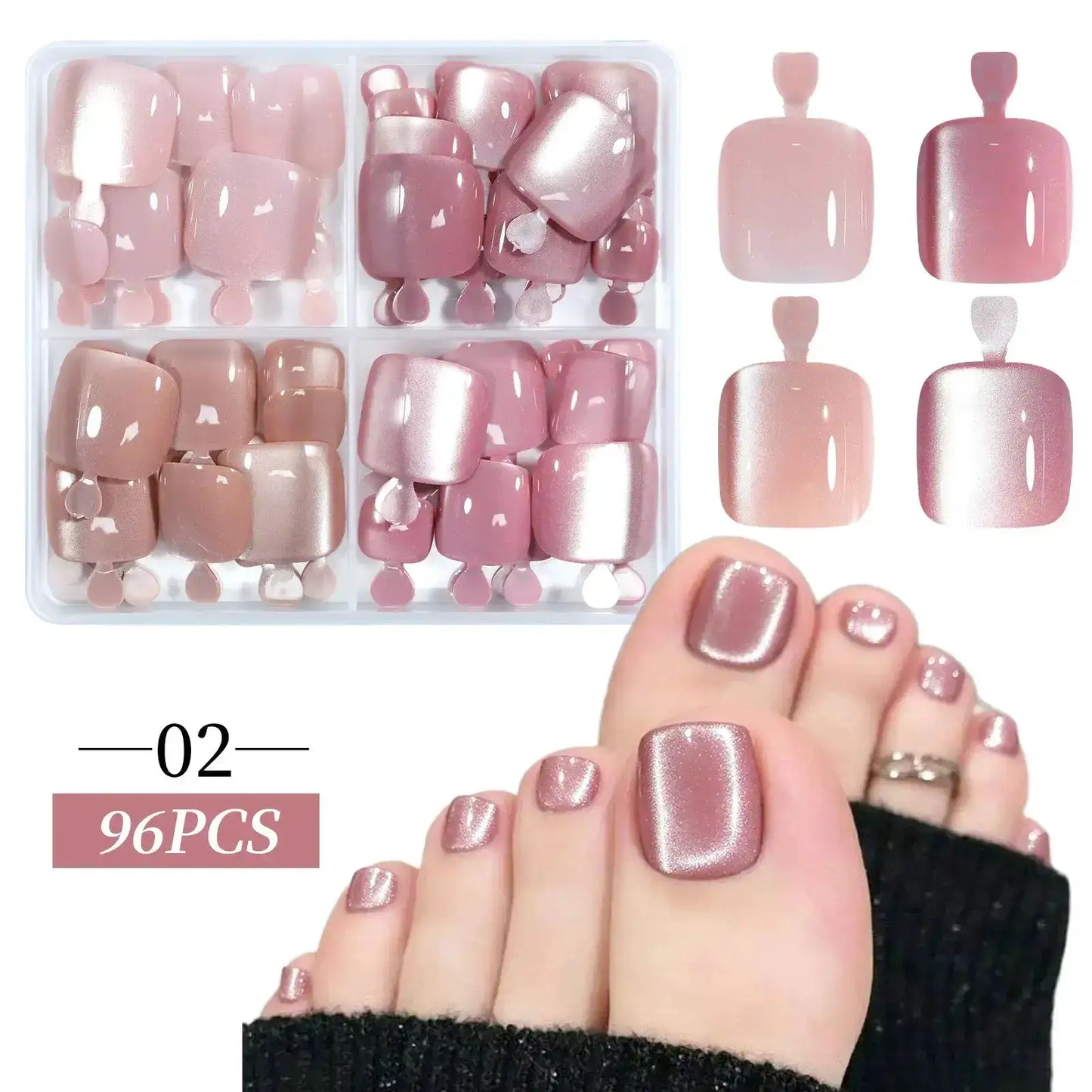 96pcs/Box French/Cat Eye Toe Nail Stickers Y2K Square Nail Tips Toe Press On Nails Pre-Designed Soft Gel Thickened Fake Toenails from PriceLows™