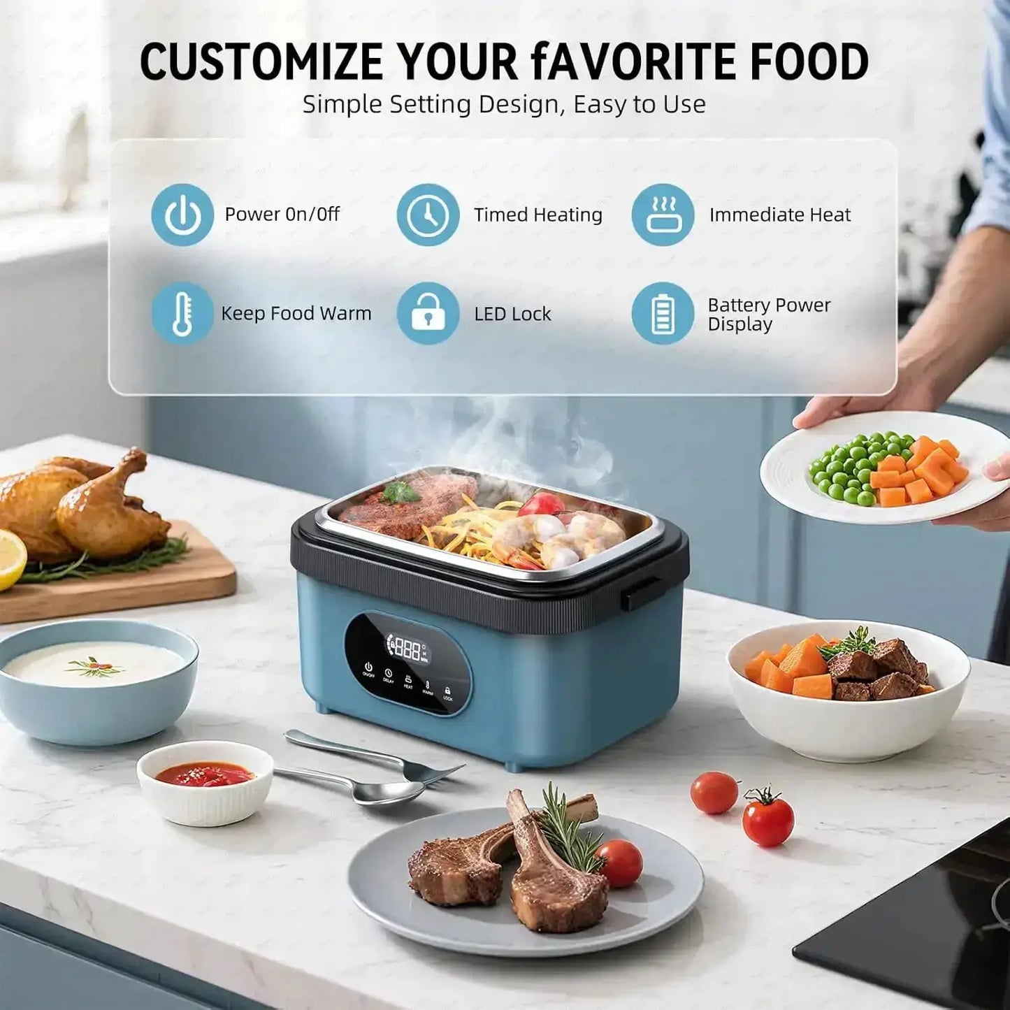 Gison Electric Heated Lunch Box Food Warmer 1.5L60W Outdoor Car Travel Office18000mah battery Portable No water fast heating Box from PriceLows™